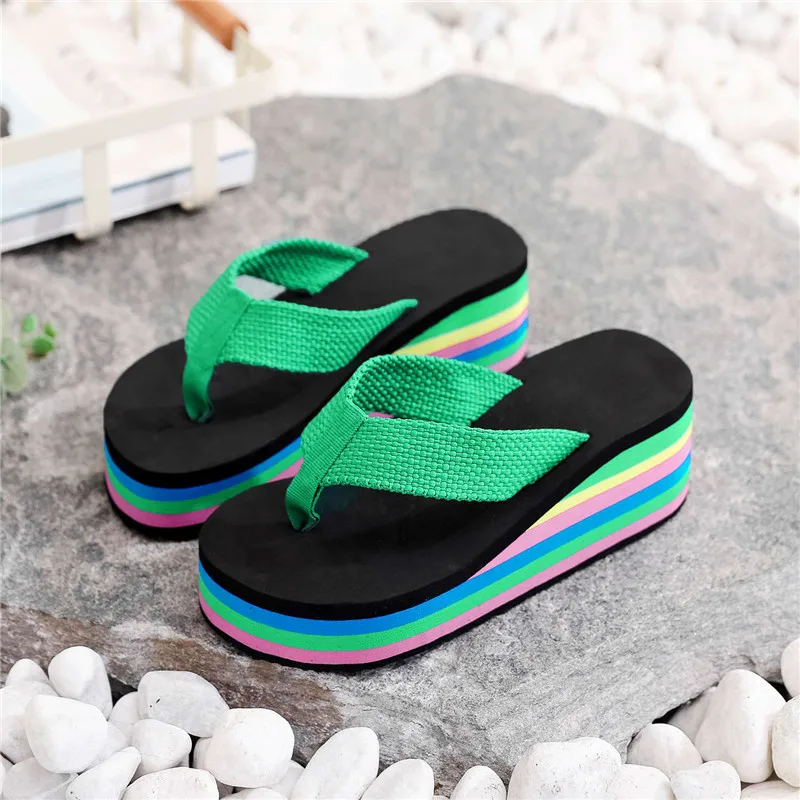 Fashion Women\'s Rainbow Thick Bottom Summer Slippers High-Heeled Colorful Flip Flops for Casual Beachwear Female Outdoor Shoes