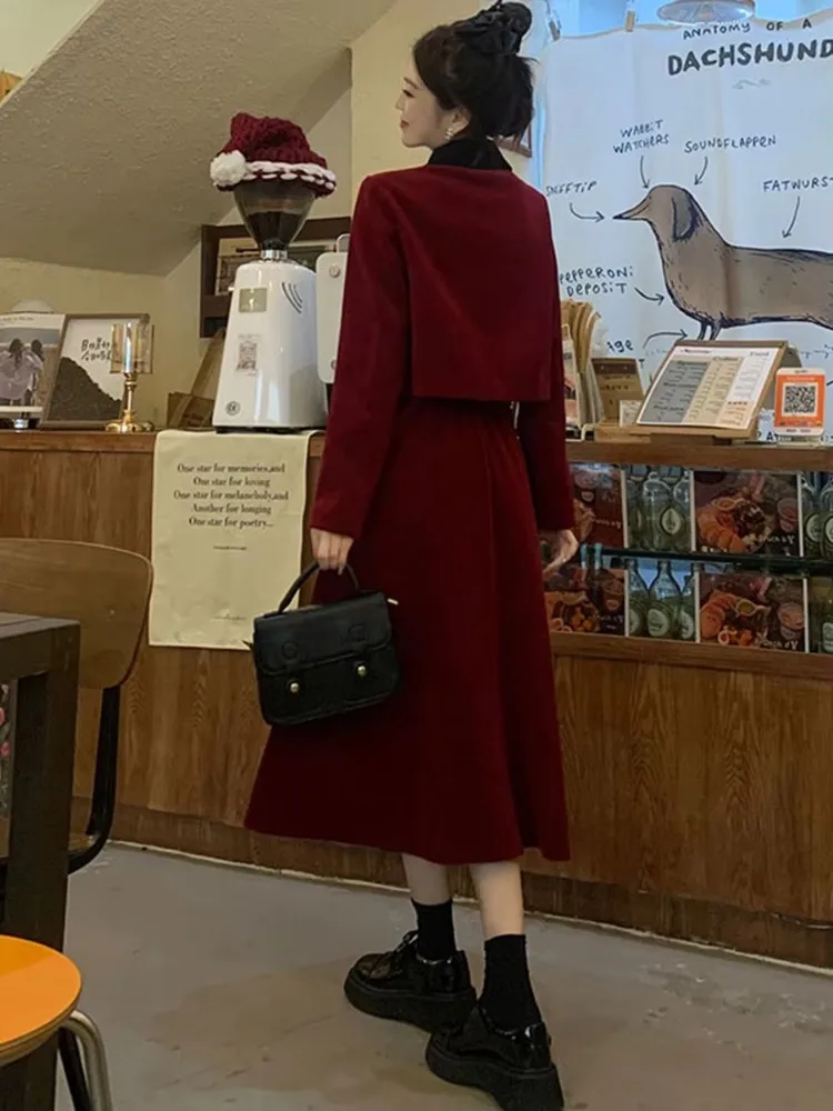 Lnsozkdg High-Quality Vintage Red Tweed Two Piece Set Women Short Jacket Coat + Bodycon Skirt Suits Fall Winter Elegant Outfits