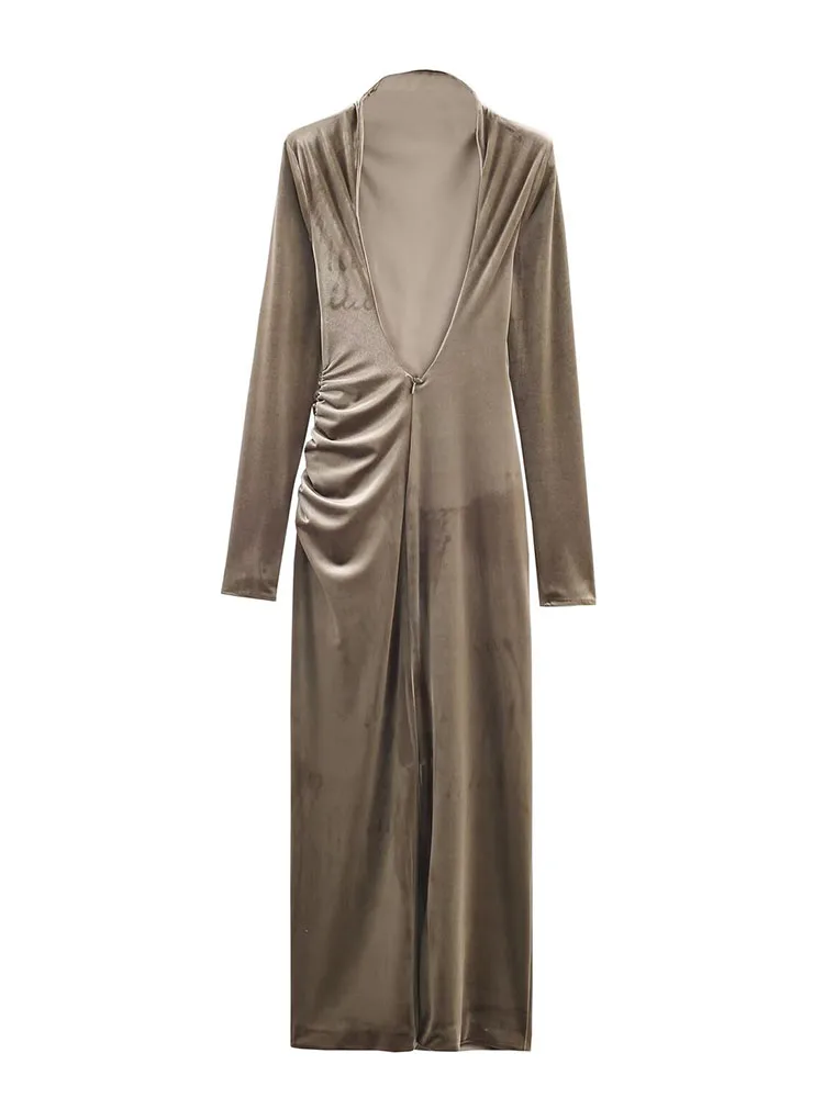 HH Vrouwen Nieuwe Mode Lange Mouwen Rits Elegante Sexy Backless Jurk Vrouw Chic Geplooide Decoratie Elegante Partij Lange Jurk