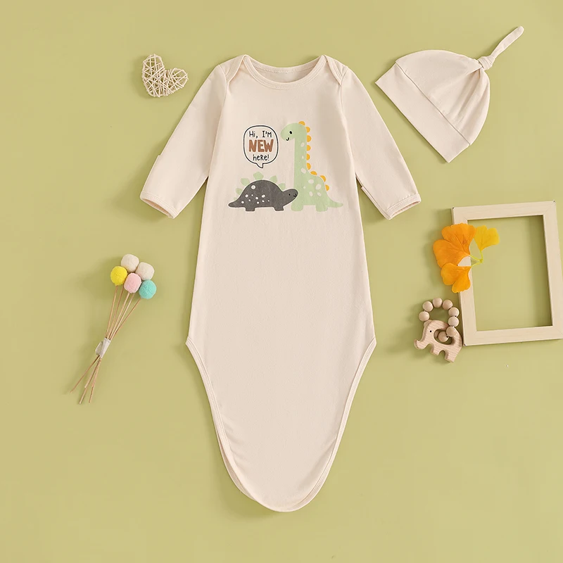 신생아 아기 여아 남아 수면 가운, 긴팔 공룡 프린트 아기 수면 가방, 유아 착용 담요, 모자 포함