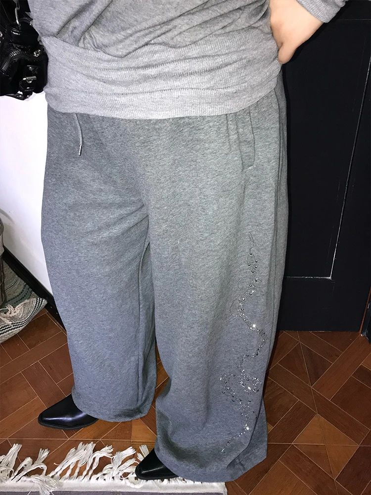 

Удобные брюки-клеш больших размеров с стразами, джазовые брюки, повседневные трикотажные брюки с эластичной талией, женские джинсы больших размеров