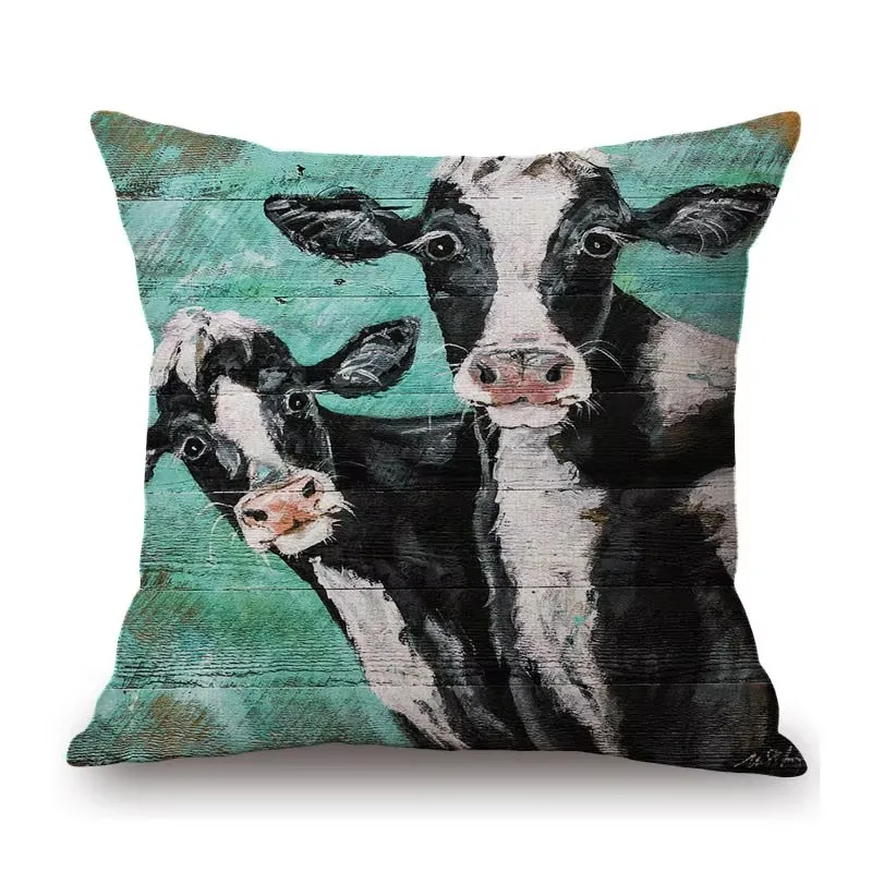 Oil Painting Farm Animals Cow Cattle Donkey Sofa Throw Pillow Case Green Cotton Linen Home Decor Cushion Cover Concealed Zipper