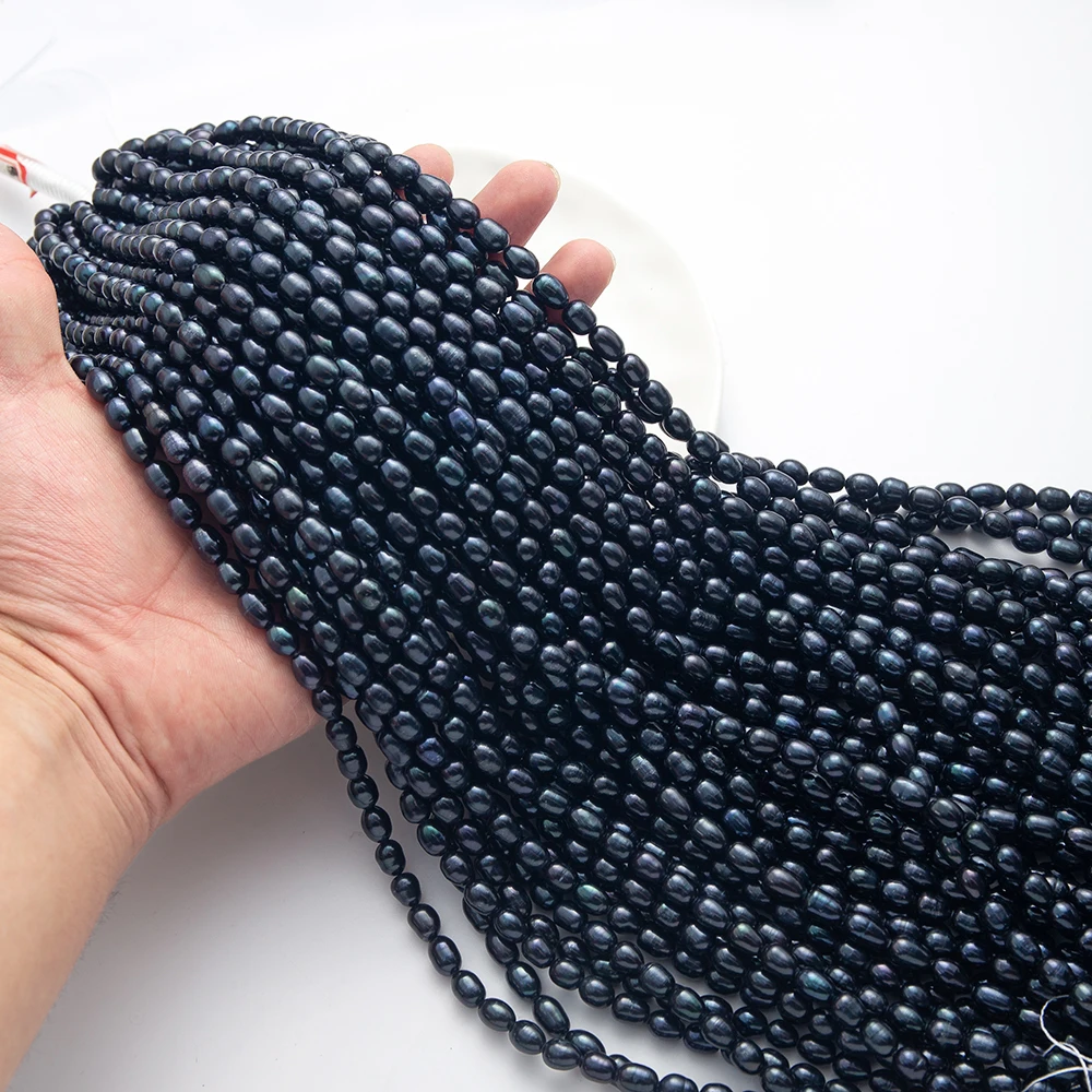 6-7 مللي متر شكل الأرز الأسود لؤلؤ المياه العذبة الطبيعية فضفاض الخرز سحر جودة عالية صنع المجوهرات عقد دي اي واي سوار أقراط