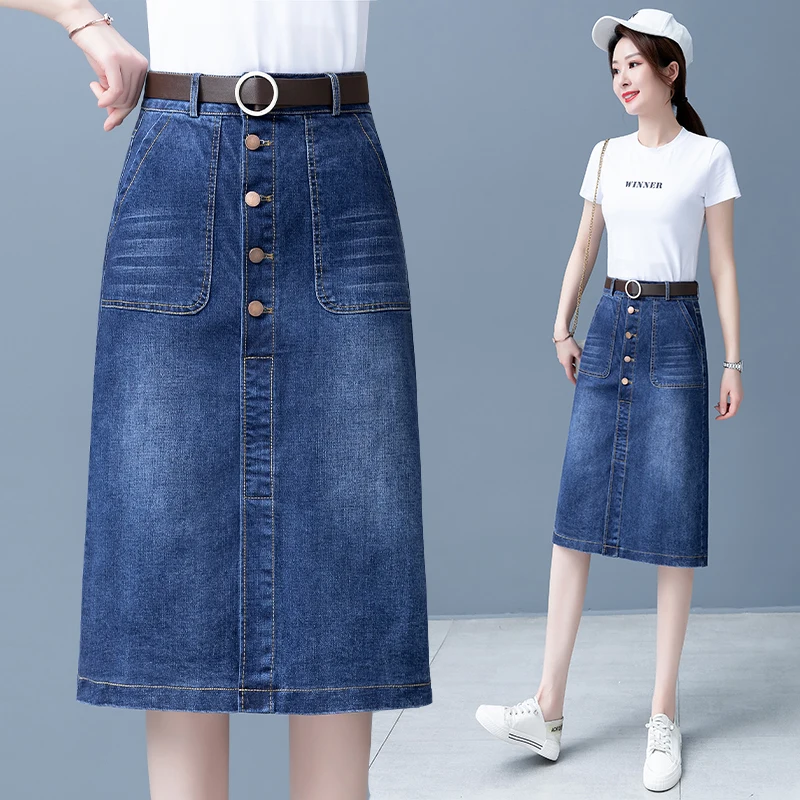 

High Waist A-Line Knee-Length Denim Skirt Women's Spring Autumn New Sle Slimming Long Skirt Korean Sle Commute Pure Color