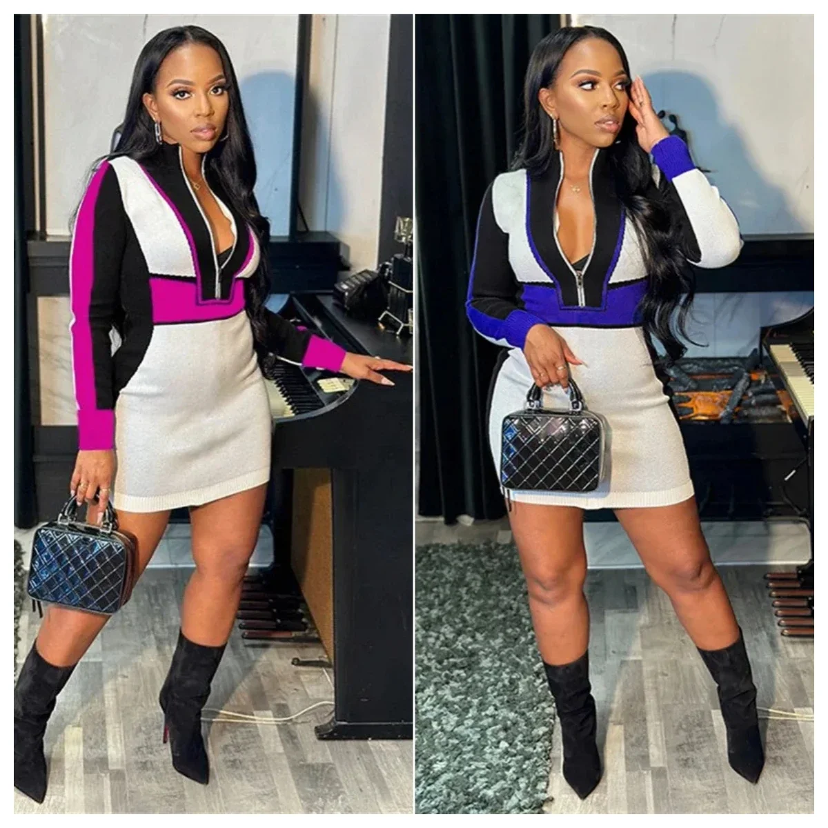 

Color Patchwork Knitted Mini Dress Women Autumn Winter Zipper Long Sleeve Stretch Bodycon Casual Streetwear Club Party Dresses