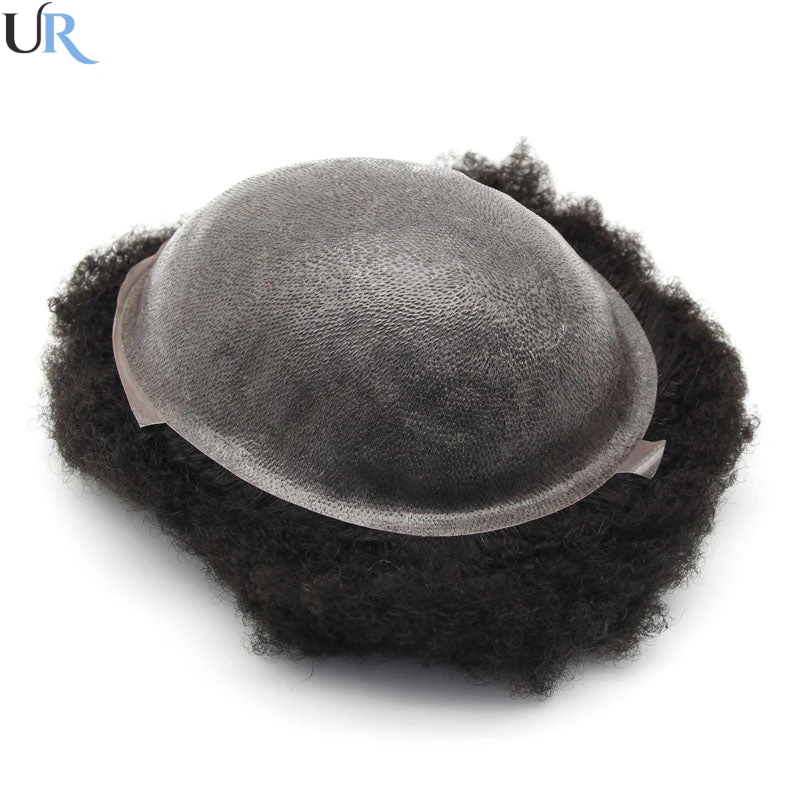 Afro Curly Toupee Para Homens, Unidade Durável De Cabelo Completo Da Pele, Perucas De Prótese De Cabelo Masculino, Cabelo Humano, 4mm