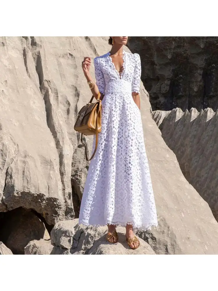 

Fench Style Ladies Elegant Long Dresses 2024 Summer V-Neck Tight Waist Hook flower Hollow Out Women's X-Long White Dress