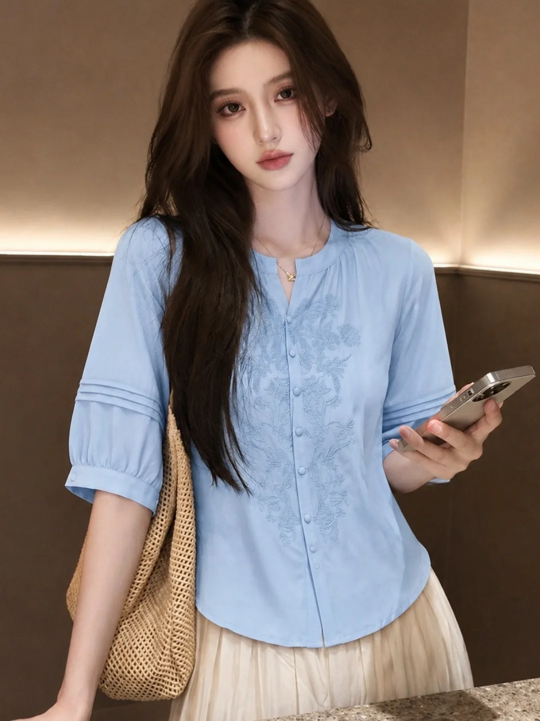 Versatile round Neck Embroidered Shirt Women's Single Button Design Commute Style Summer Fashion 2026 Korean Straight Cut Sil...