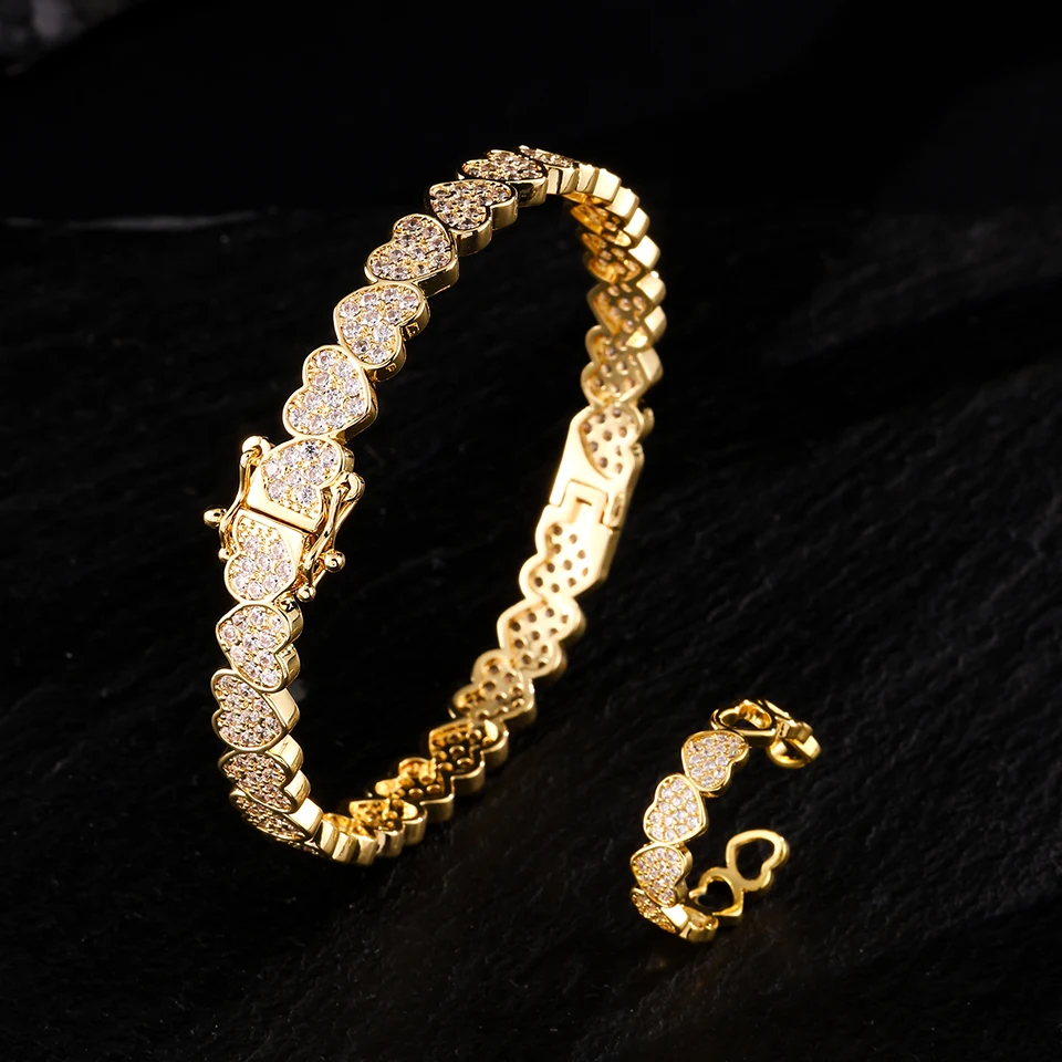ZAKOL Hip Hop Iced Out Bling CZ Heart Charm Bracelet Ring Set for W omen Men Valentine's Day Jewelry Gifts for Couples