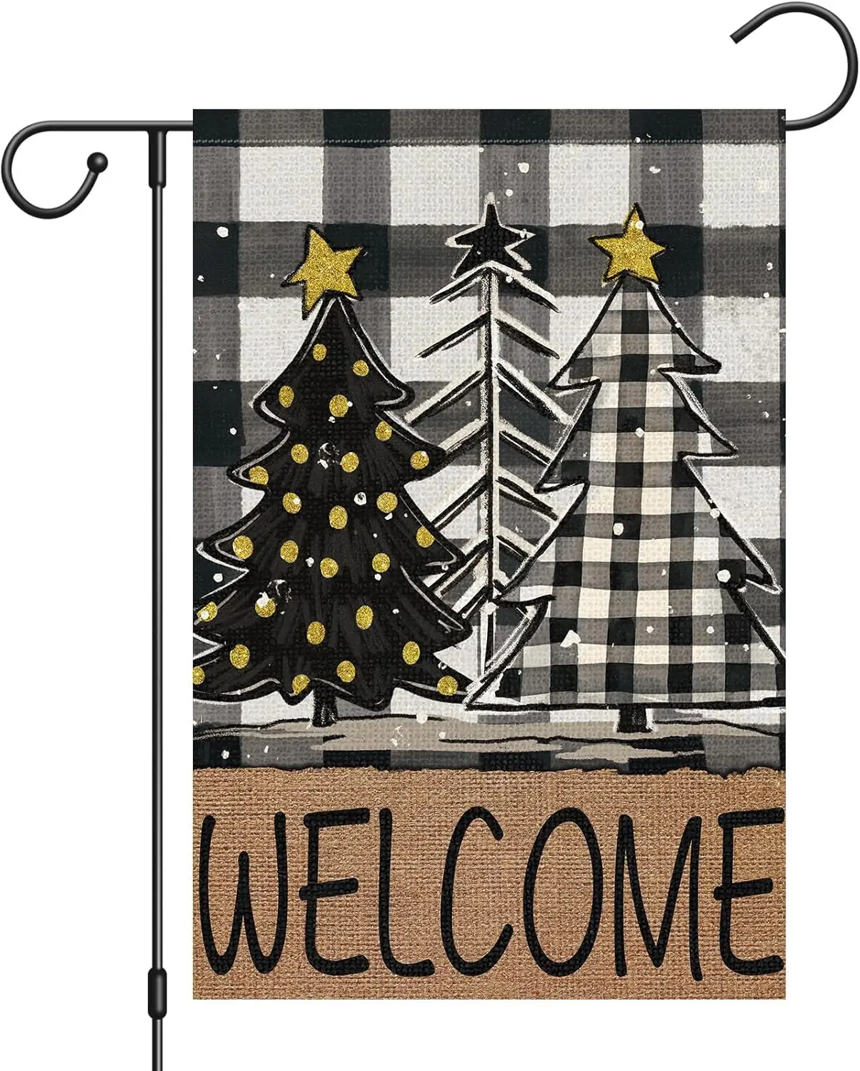 Heyfibro Christmas Welcome Garden Flag 12x18 Inch Double Sided Burlap, Golden Wave Point Christmas Tree Buffalo Plaid Yard Flag