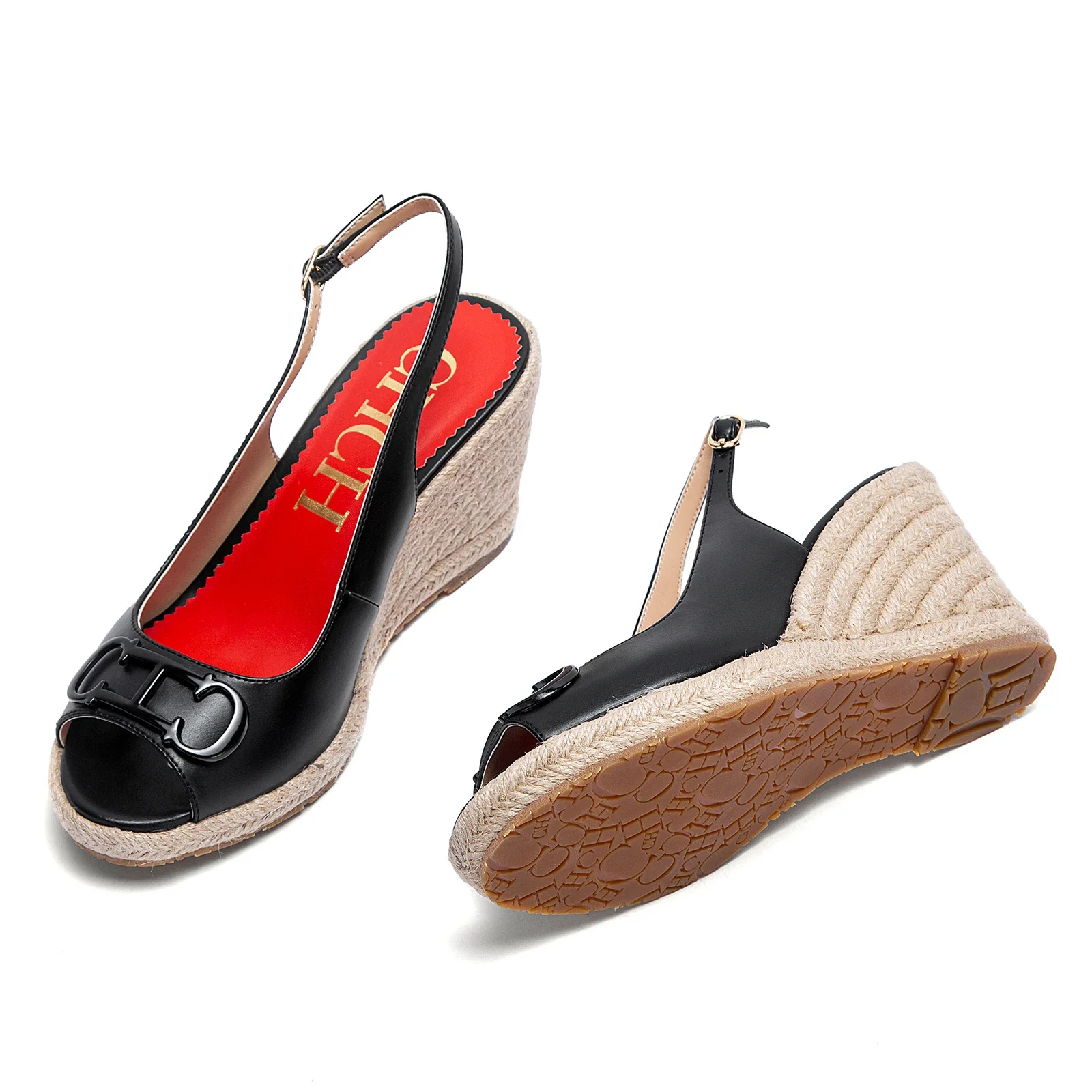 サンダル夏の女性のカジュアルシューズゴールドイニシャル記章 PU レザーウェッジ高級ブランドウェッジシューズ