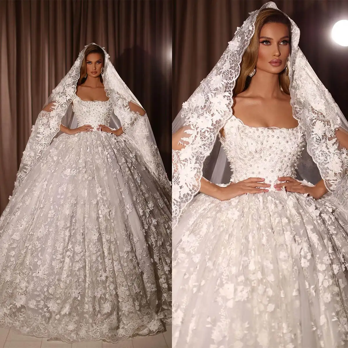 Gorgeous Ball Gown Wedding Dresses Spaghetti Strap Sleeveless Bridal Gown Pearls Appliques Customized Dress With Veil