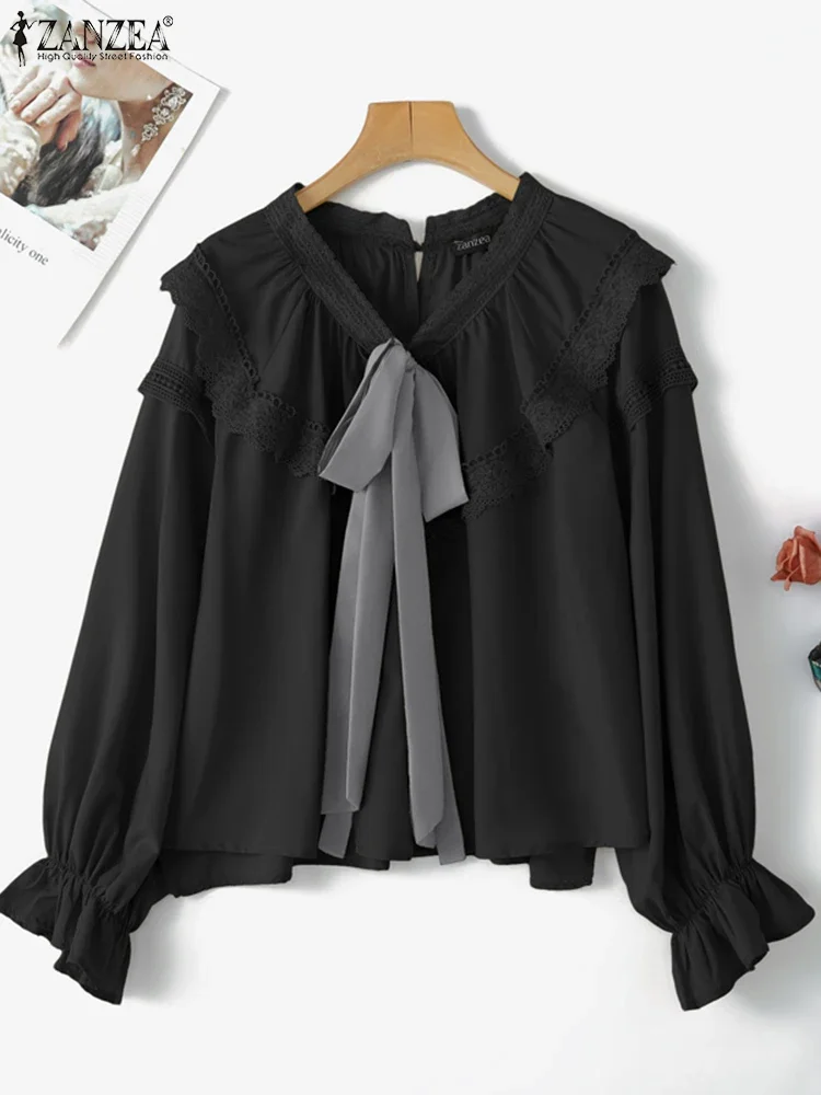 ZANZEA 2025 Frauen Langarm Elegante Bluse 2025, Rüschen Shirts Bogen Kragen Farbe Patchwork Casual Tops Lose Mode Blusas