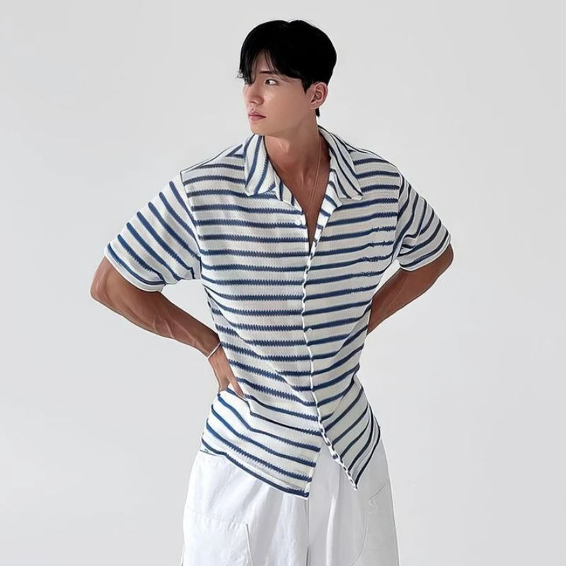

Men Blue Striped Design Brief Sleeve Top Hot Season K-Style Slim Neckline Relaxed Fit Informal Fluid Light Comfort Summer Wear