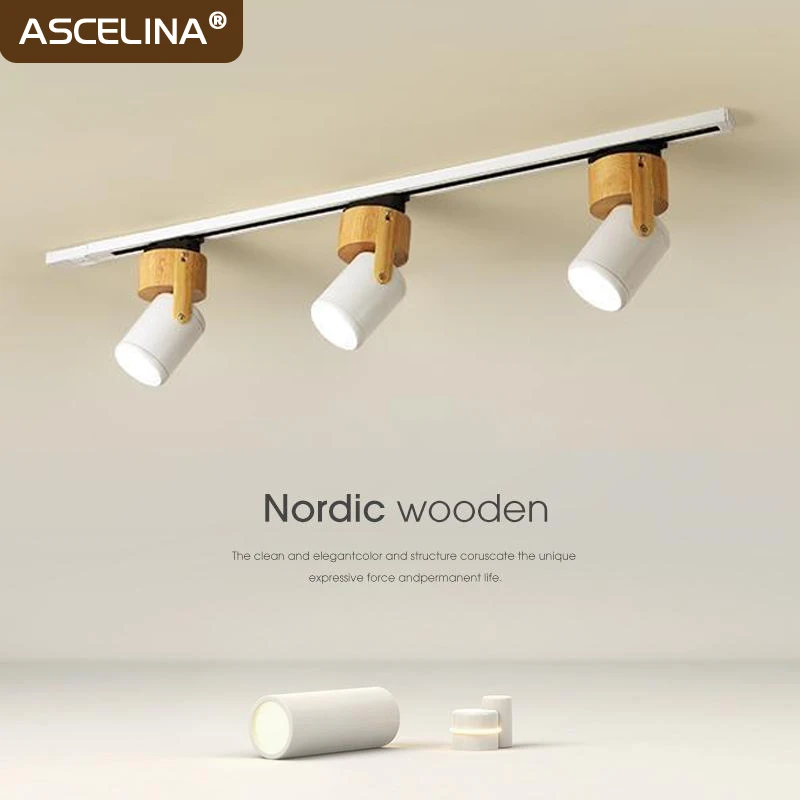 Nordic Wooden Track Light LED 3 Head Black White Indoor Decor Ceiling Spotlights For Bedroom Aisle Living Room Luminaires Lustre