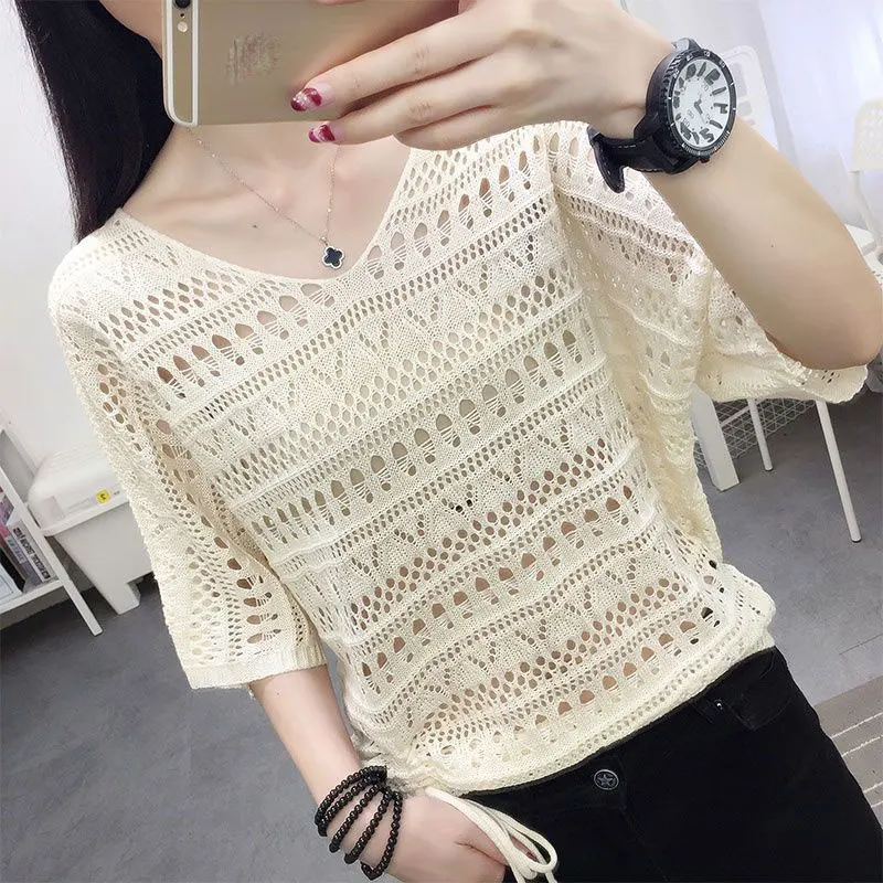 Hollow Out Knitwear for Women, Casual Tops, Simplicity, Office Clothes, Monochromatic, All-Match, Lady Fashion, Summer