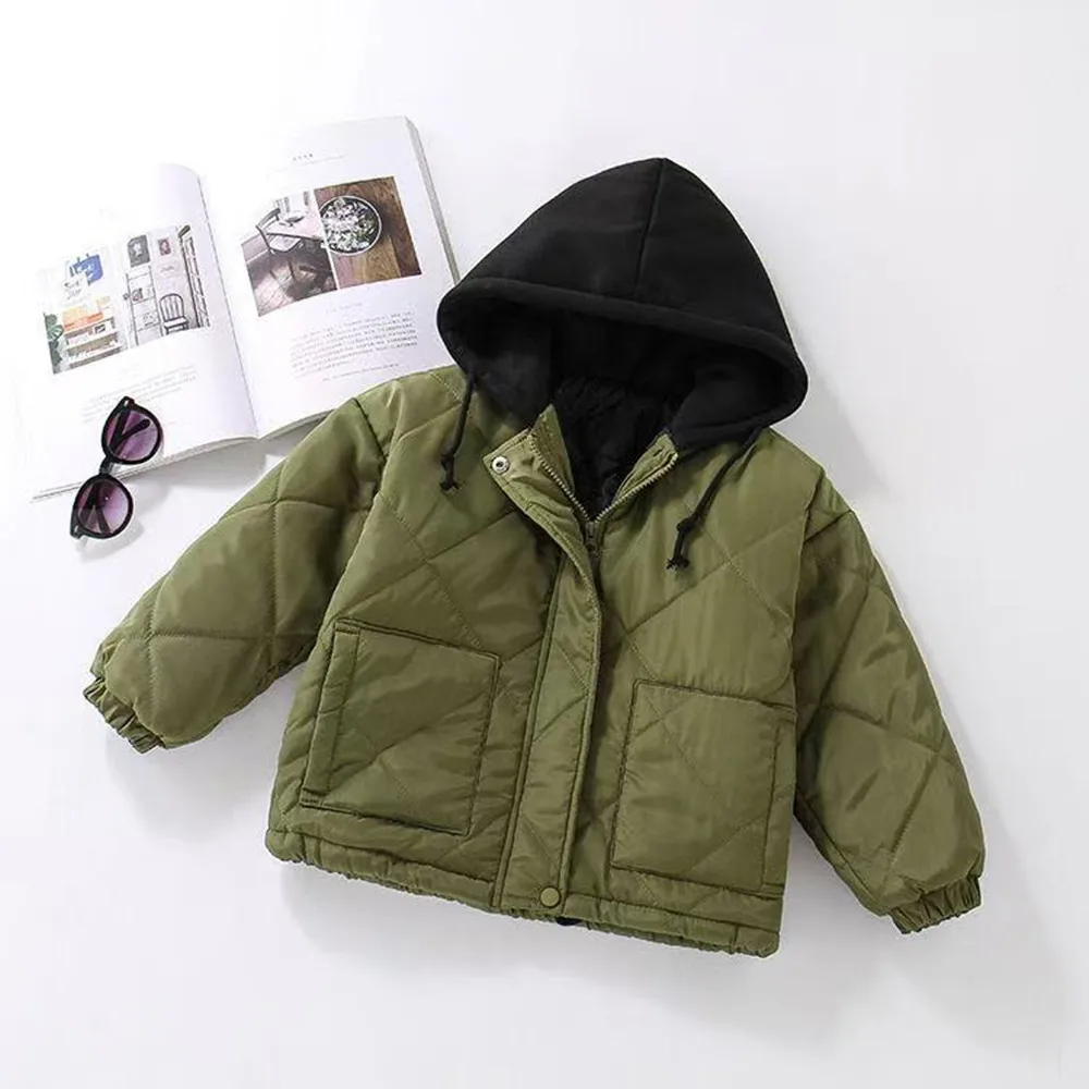 

Children Cotton-padded Coat Autumn Winter 2025 New Boys and Girls Solid Color Baby Short Pocket Warm Jacket Without a hat rope