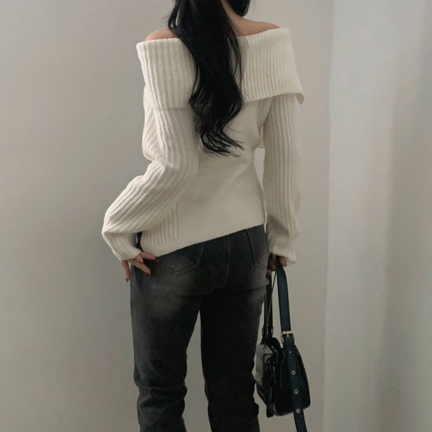 SUCHCUTE Women Off Shoulder Ribbed Knit Sweater Long Sleeve Bow Tie Slim Pullover Solid Y2K Casual Autumn Winter Tops