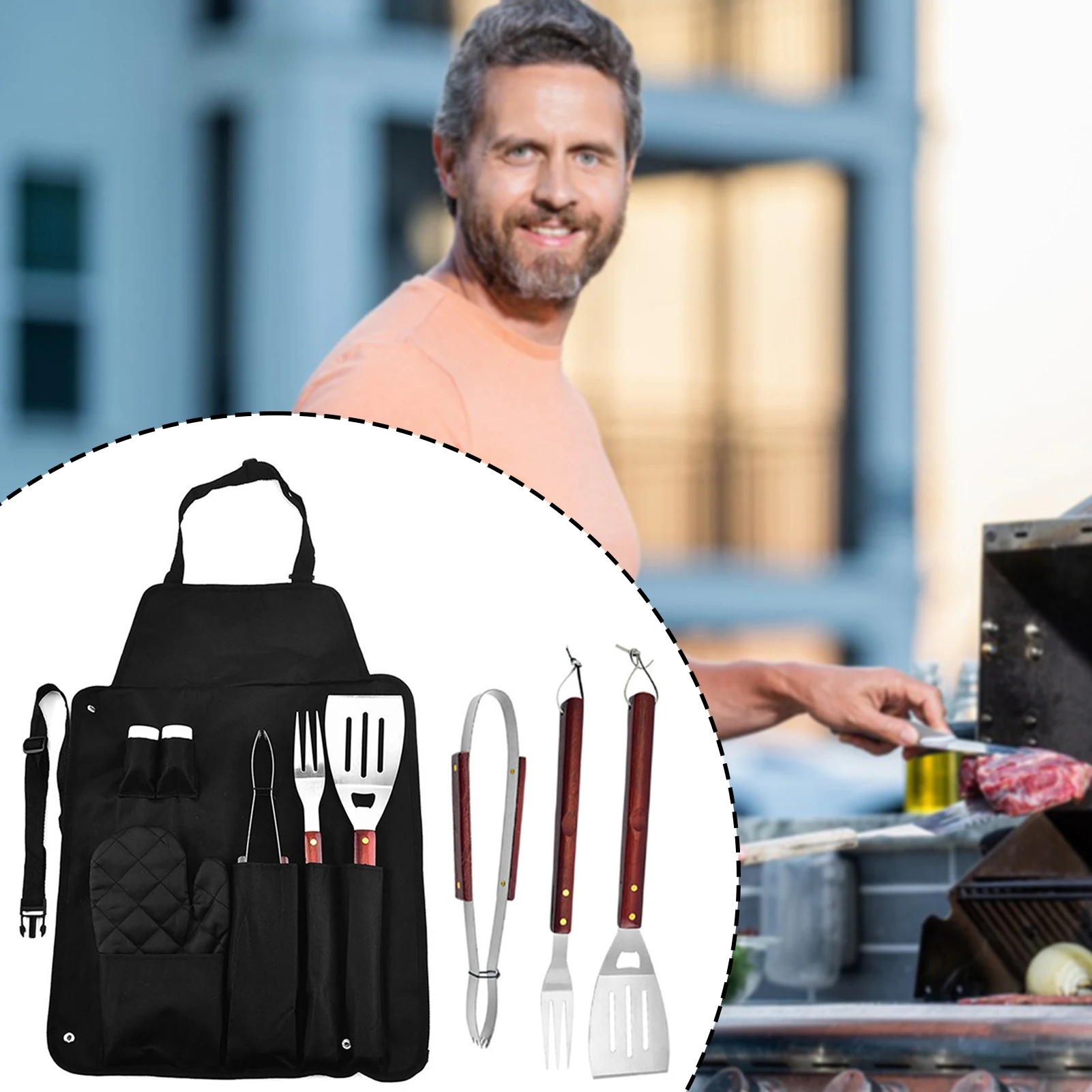 

Wooden Handle Grilling Kit Portable Stainless Steel Barbecue Accessories For Picnic