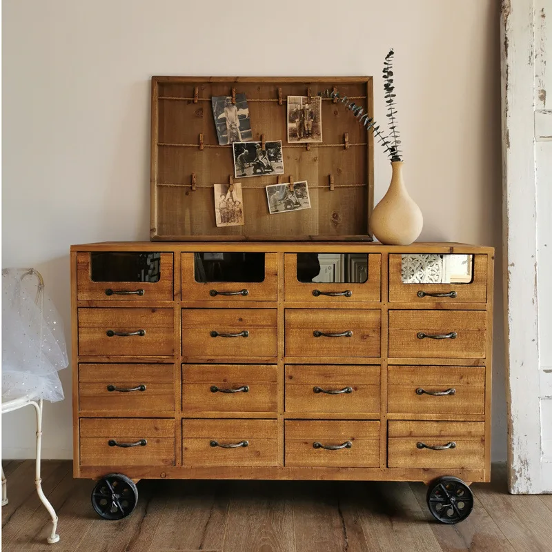 X-S  retro medieval dining side nostalgic solid wood home with wheels multi-drawer  storage cabinet HG