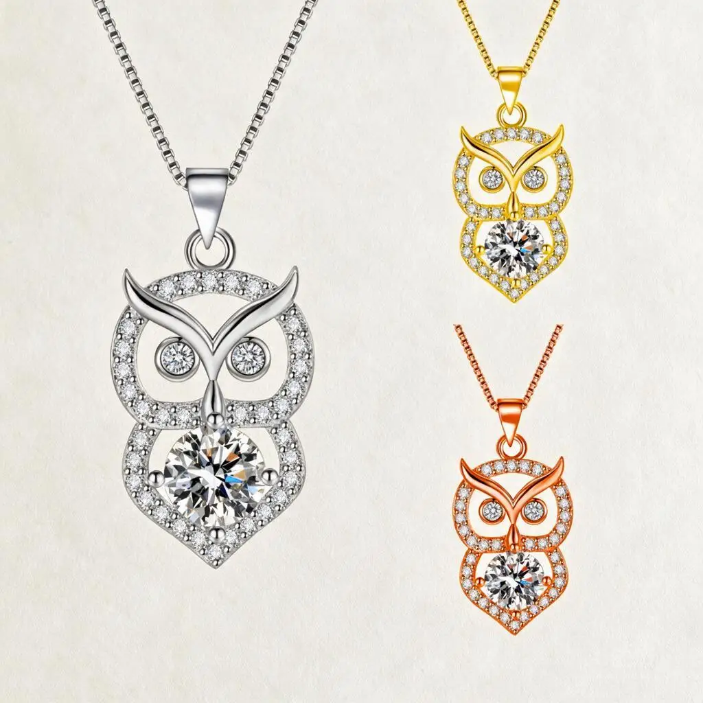 Vintage Greek Mythology Owl Pendant Necklace Sparkling Stone Hip Hop Y2k Versatile Jewelry Three Tones Pendant Only Or Box Chain
