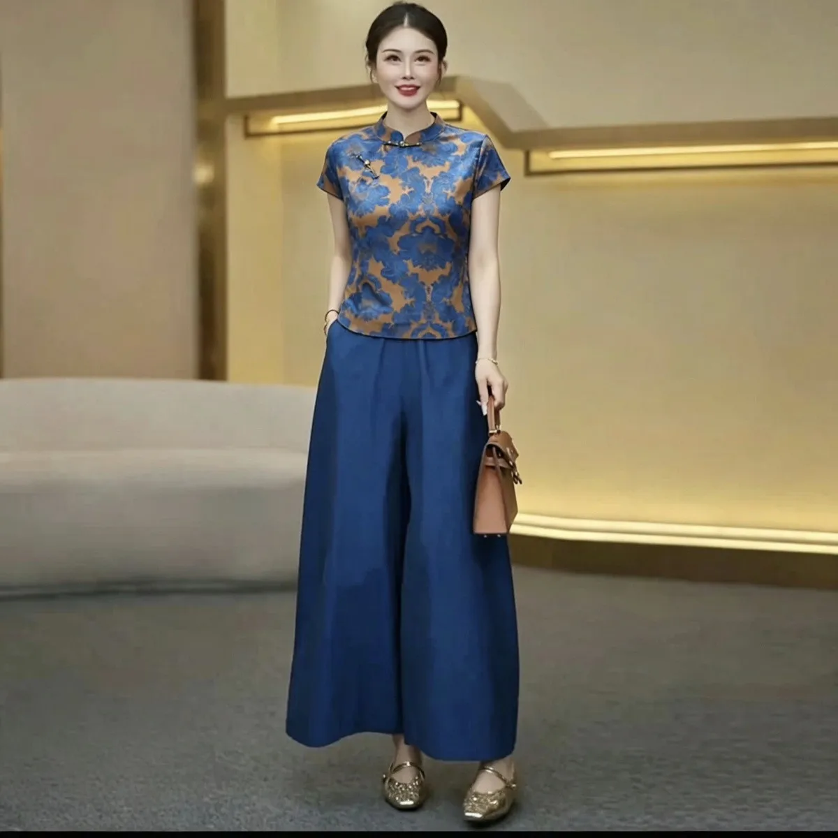 Silk Suit Summer Mother's New Retro Cheongsam Shirt Tops + Printing Pants Two Piece Set Elegant Wide Leg Pants Women Outfit 7XL