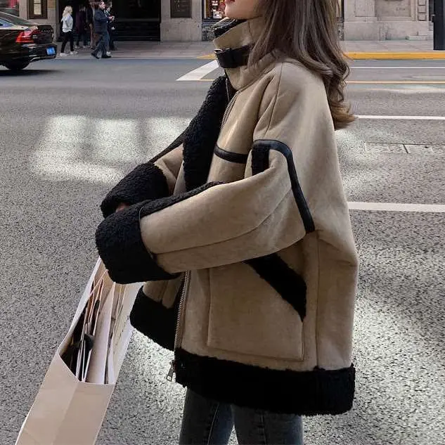 

Утепленное пальто из овечьей шерсти для женщин, осенне-зимнее, с длинными рукавами, из полиэфирного волокна, повседневная верхняя одежда