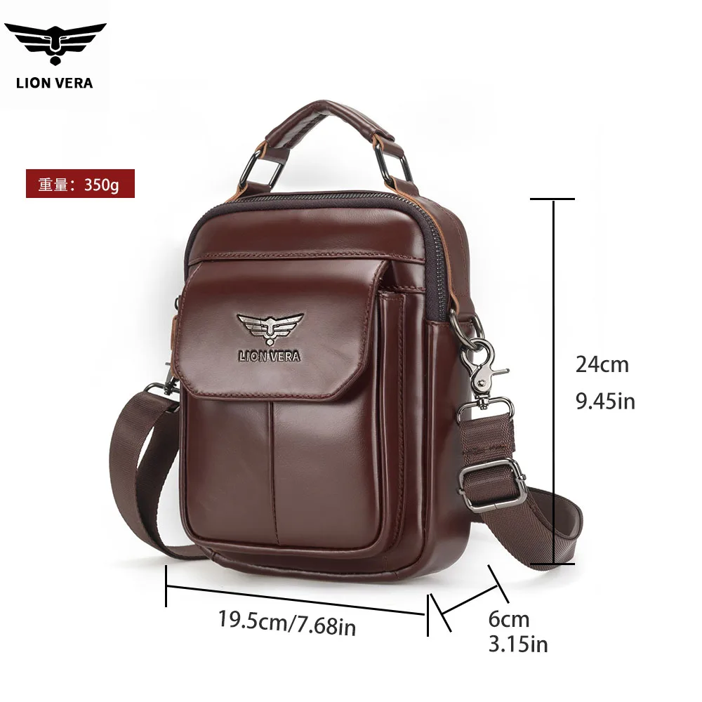 LION VERA Men's Genuine Leather Shoulder Bag Multifunctional 7.6-inch Tablet Handbag Retro Casual Crossbody Bag Cowhide