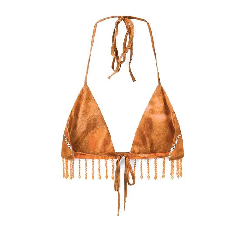 KEYANKETIAN Autumn New Women's Clothing Lace up Embroidery Sequin Nail Bead Bikini Fringe Half Skirt Fringe Two-piece Set