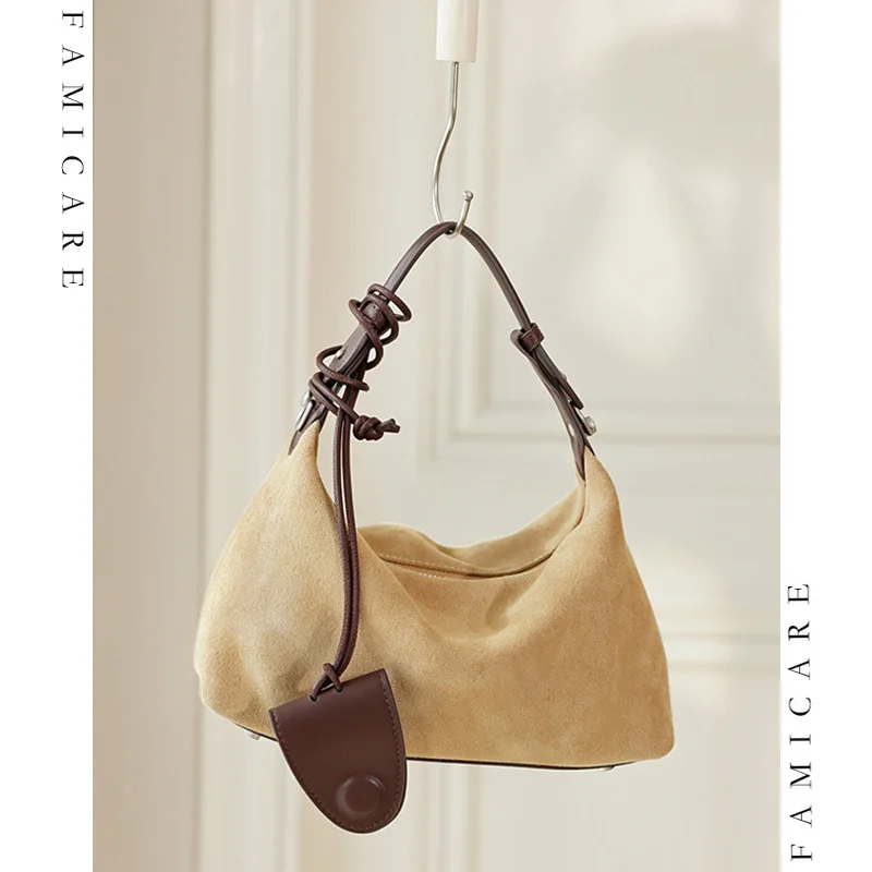 Versatile Solid Color Split Suede Leather Crossbody Bags New Women Timeless Soft Casual Handbag Retro Lady Underarm Shoulder Bag