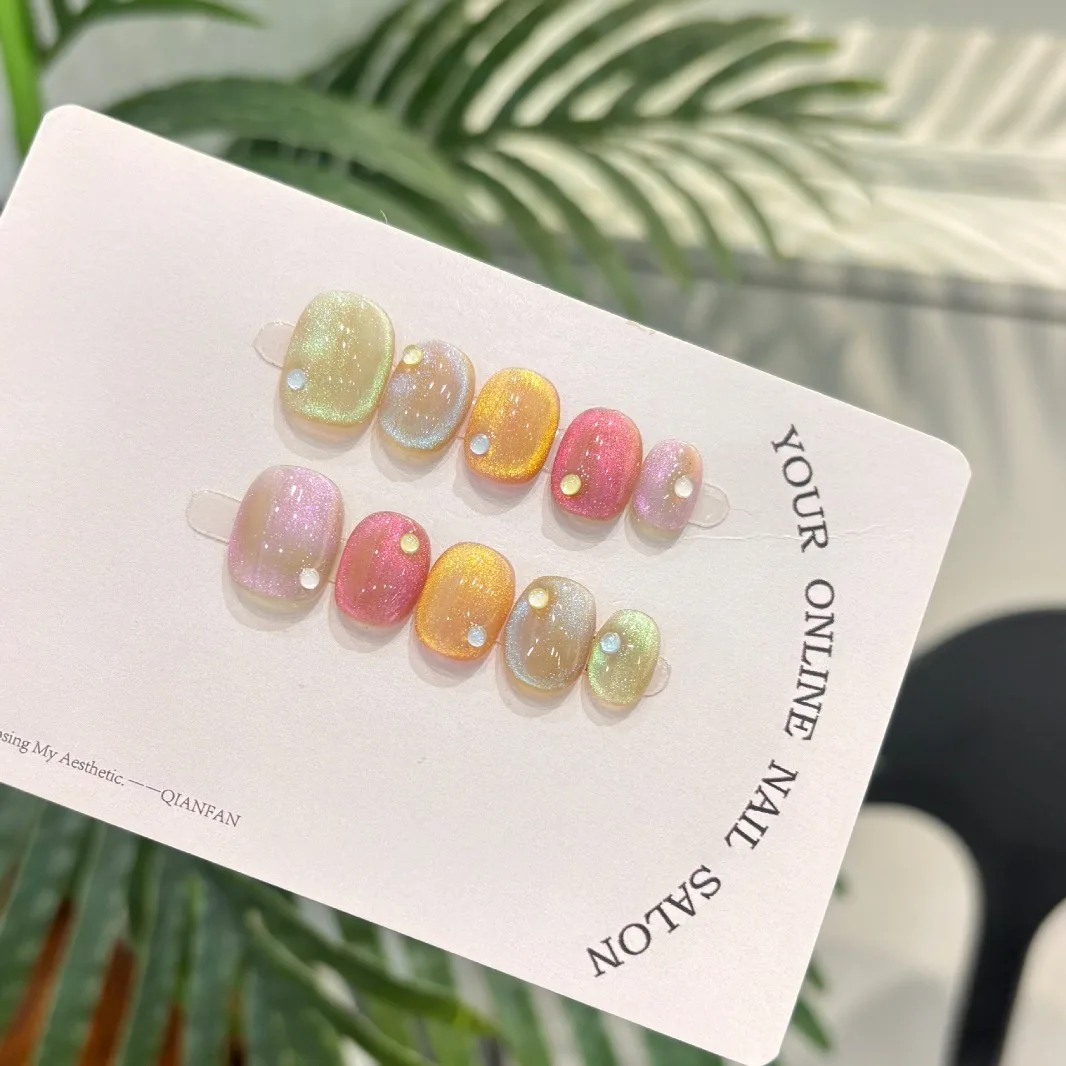 10Pcs Cat Eye Handmade Press on Nails Candy Color Fake Nails Summer Cute Wearable Stick-on Nails Full Cover False Nail Uñas 네일팁