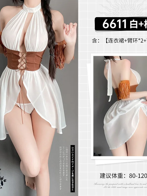 2023 New Fashion Charm White Elegant Mature Girl Front Open Strap Set Lingerie Ancient Style Sexy Uniform Temptation Dress AXCF