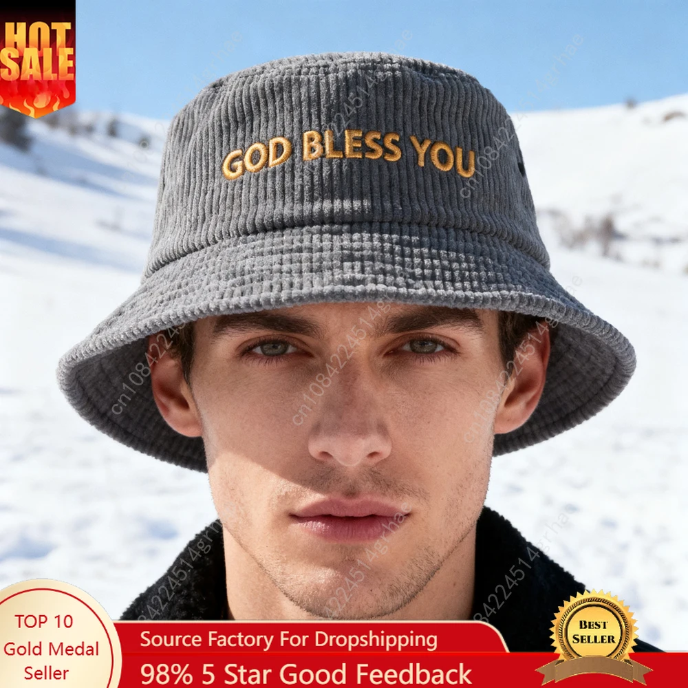 

1pc 'GOD blessu' embroidery Corduroy Bucket Hat Breathable Sun Hat Unisex Outdoor Vacation Travel Foldable Fisherman Cap For Men