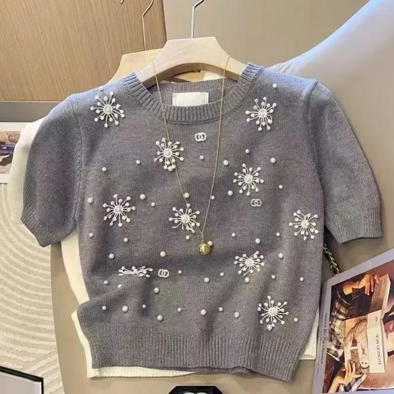 Summer French Style Beading Design Knitted Sweater T-Shirt Women Clothes Tees Korean Fashion Ladies Knitwear Tops Shirts Jumper