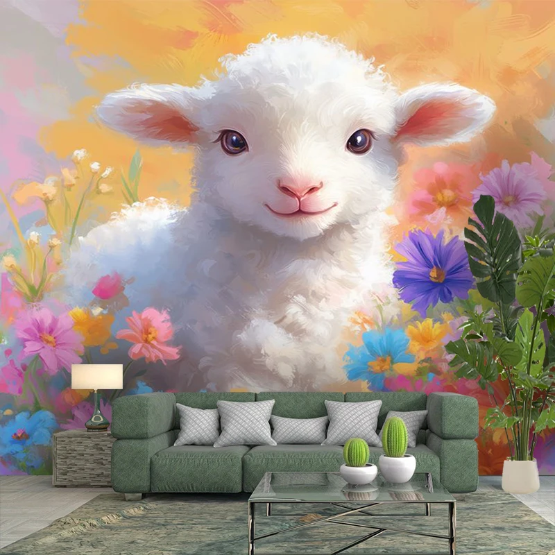 1PC Cute Lamb Floral Art Print Backdrop Banner, Bedroom Living Room Photo Background, Polyester, Home Decor, Wall Art