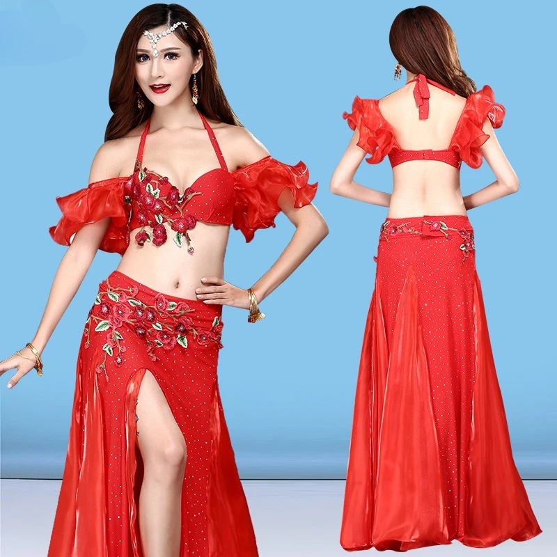 costume da ballo indiano personalizzato reggiseno di danza del ventre con perline ricamate set di costumi per spettacoli teatrali per gonna con cintura reggiseno per donne adulte