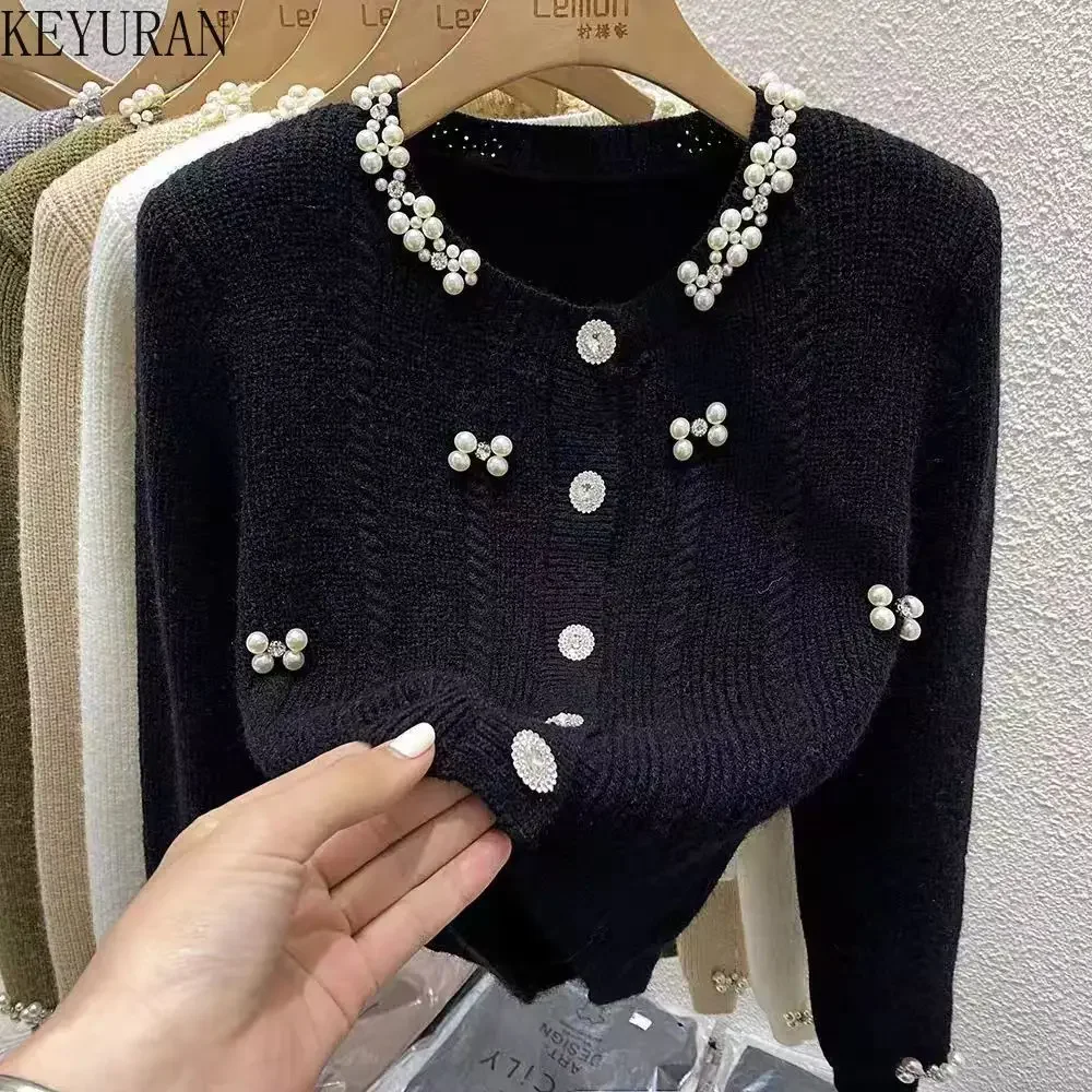 Autumn Pearls Beading Knitted Cardigan Sweater Women Vintage Fashion Long Sleeve Single-breasted Knitwear Crop Top Ladies Jumper