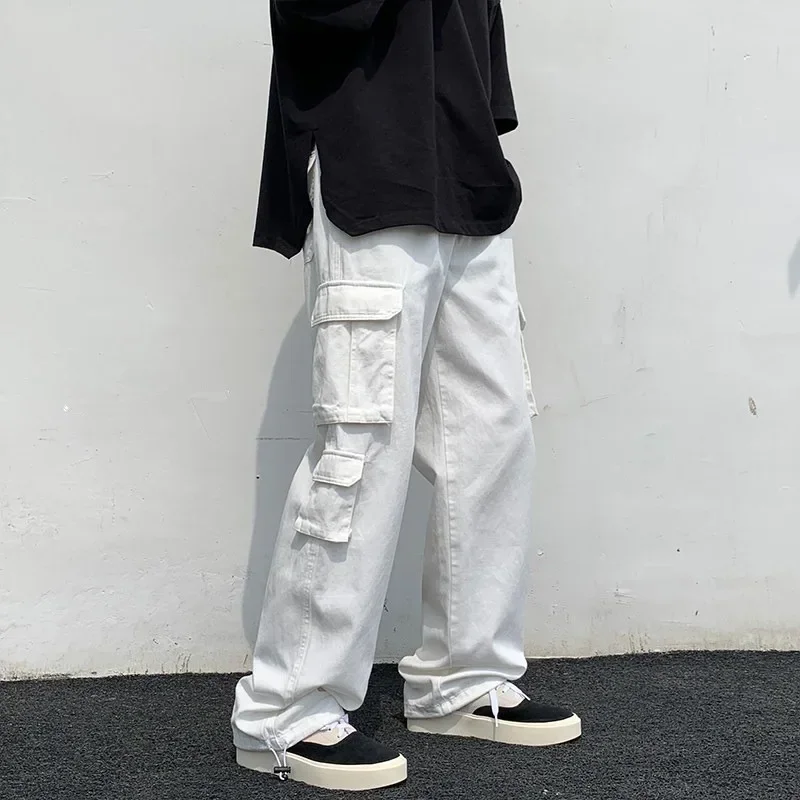 Black/white Casual Pants Men's Fashion Loose Straight Wide Leg Pants Men Streetwear Hip-hop Pocket Cargo Pants Mens Trousers