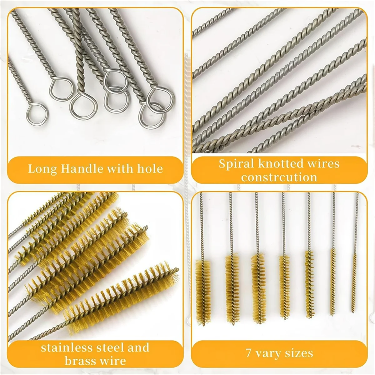 A83Z 7 PCS Brass Wire Tube Brush Kit Wire Bottle Brushes, 11.8inch Long-Handle Wire Bristle Cleaning Pipe Cleaner