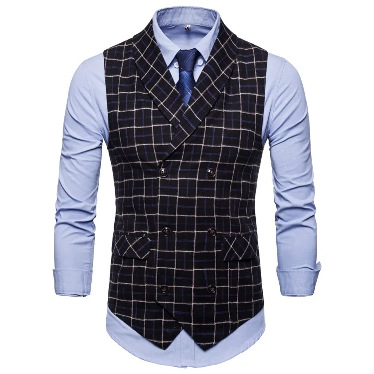 

Men's Suit Vest New Business Jacket Fashion Casual Classic Plaid Print Self-cultivation Double-breasted