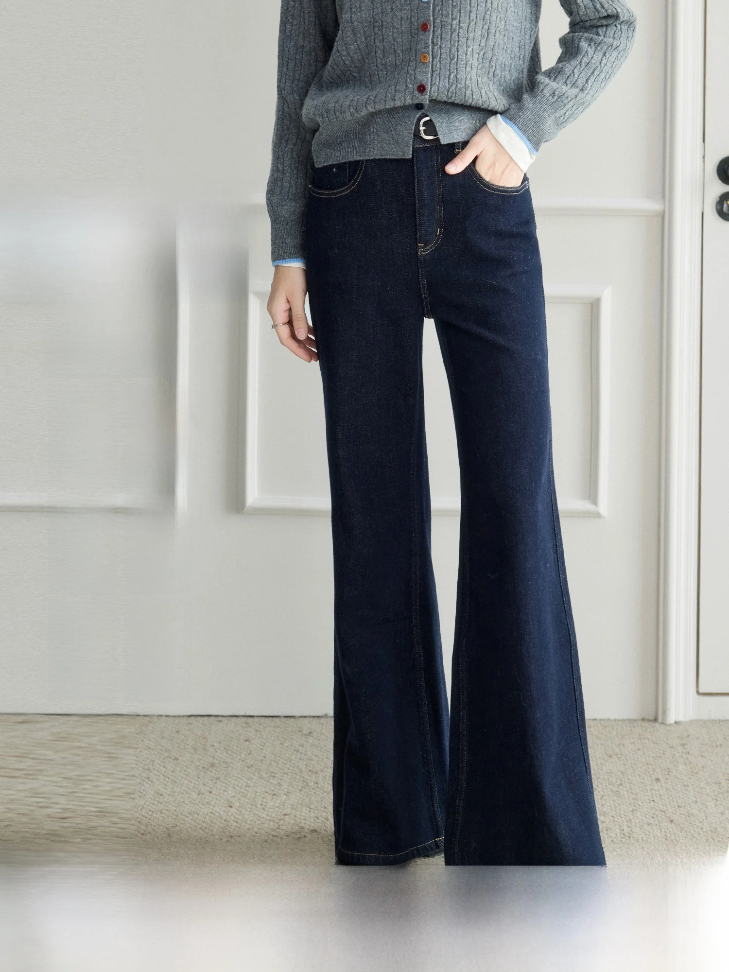 

Джинсы-клеш с высокой талией, женские зимние винтажные хлопковые джинсовые брюки Montedean Thi Fce, удобная посадка