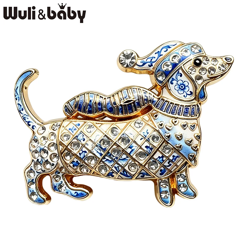 Wuli&baby Lovely Christmas Dog Brooches For Women Unisex 2-color Rhinestone Dachshund Animal New Year Party Brooch Pins