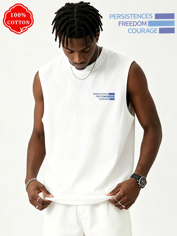 100% cotton men's summer sleeveless top Letter Print Crew Neck Tank Top Loose Fitness Casual Daily Undershirt Vest-T80