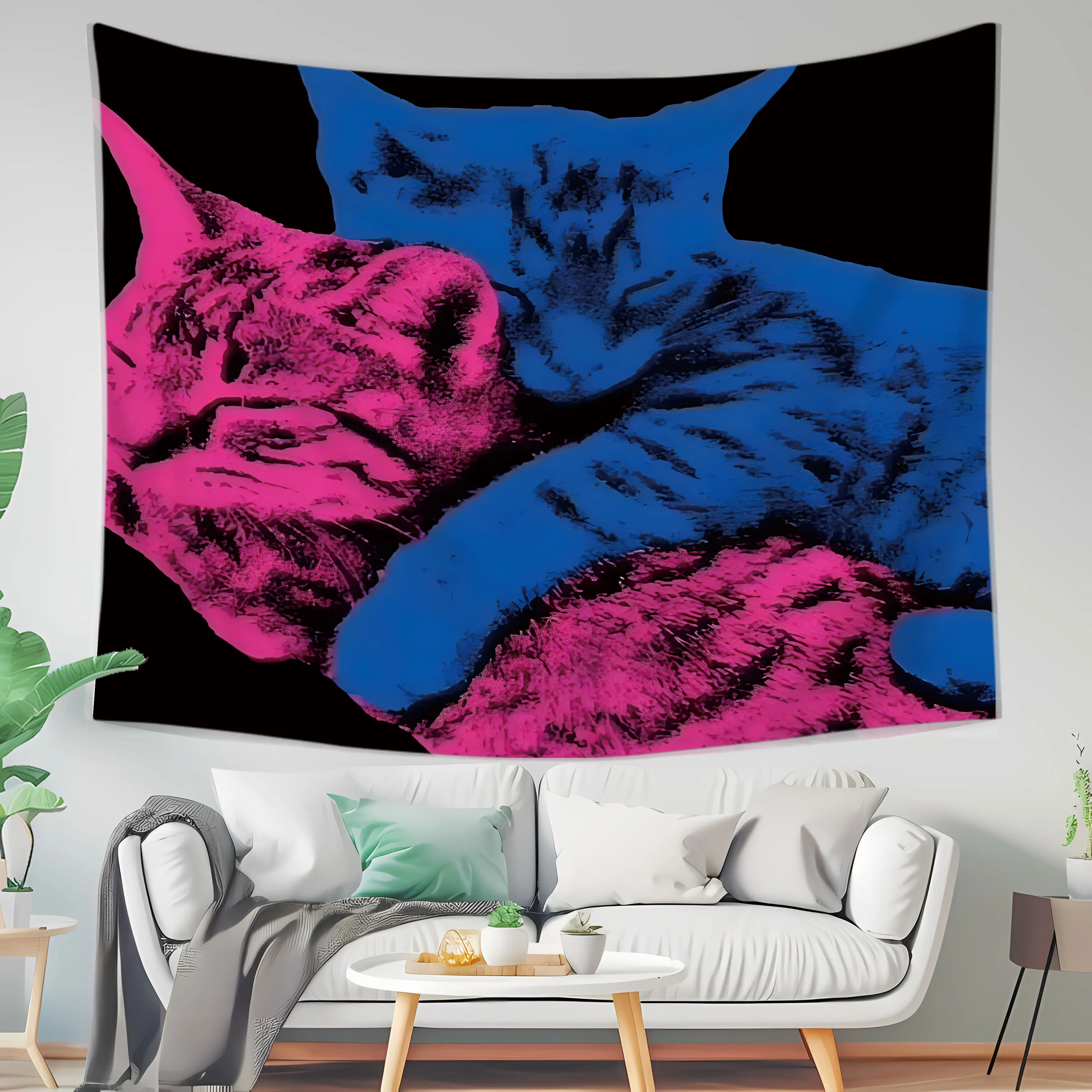 Pink And Blue Cat Wall Tapestry Pop Art Style Colorful Design Animal Decor Boho Bedroom Aesthetic Modern Home Decor Trendy Gift