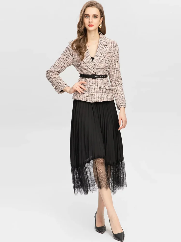 Fashion Runway Autumn Skirts Suit Women Long Sleeve Belted Tweed Blazer Coat + Black Pleated Lace Skirt Two Pieces Set