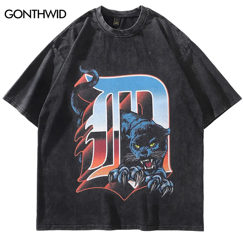 Men Oversize Tshirt Vintage Cartoon Panther Leopard Graphic Print Washed Streetwear T-Shirt 2024 Men Harajuku Hip Hop Black Tops