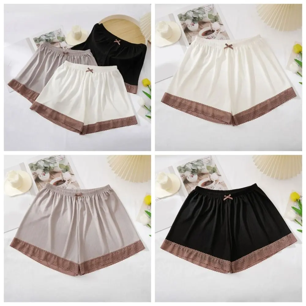 カジュアルアンチグレアアイスシルク安全パンツ超薄型パッチワークレースリボン安全ショーツルーズ下着夏のレースショーツレディース