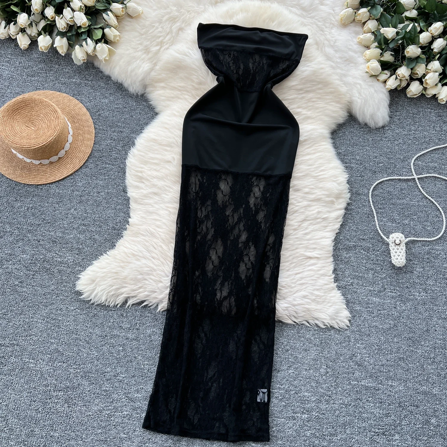 Elegant Lace Spliced Vintage Chic Holllow Out See Through Strapless Dresses Korean Fashion Evening High Street Summer Clothing