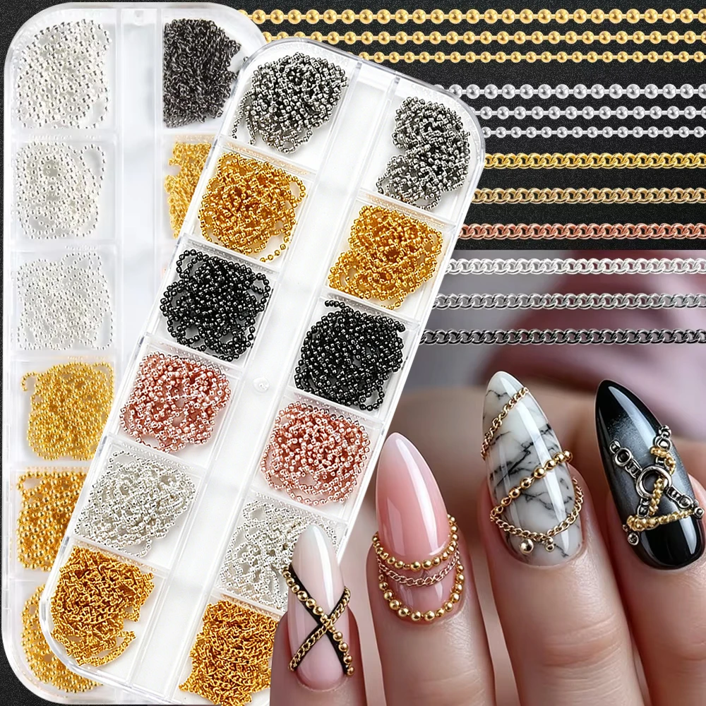 12Grids Metal Gold&Silver Chain Nail Art Charms 3D Punk Luxury Steel Ball Chain Nail Art Accessories Y2K Gothic Manicure Decor