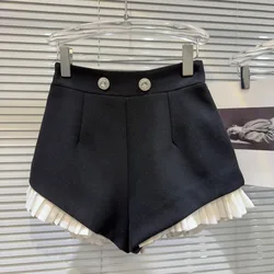 2024 Spring New Arrival Rhinestone Metal Buttons Ruched Ruffles Black Shorts Women